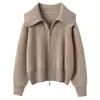 Cardigã de Malha Cashmere Feminino Bordado em Toalha Lapela Grande Outono Inverno Novo Design Espessado Zíper Duplo Casaco Suéter