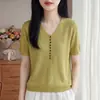 Novedad Primavera Verano 2026 Tejido de Punto Tencel Lyocell Cuello en V Manga Corta para Mujer Color Puro Múltiples Botones Jersey Camiseta Base
