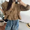 Manga bufante barra elegante camisa boneca manga longa branco tamanho único preto cáqui cor pura alta elasticidade