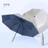 Guarda-chuva Dupla Finalidade Sol e Chuva, Camada Dupla Prata Titânio, Proteção Solar, Proteção UV, Três Dobras, Cabo de Madeira, Guarda-sol