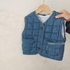 Chaleco casual de mezclilla acolchado a cuadros estilo coreano de invierno para niños y niñas, lavado vintage desgastado