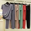 Nuevo conjunto de verano fino de modal con manga corta y pantalón largo para mujer, ropa de casa, color liso, estilo simple, se puede usar para salir, conjunto de dos piezas