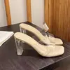 Nuevas zapatillas transparentes de talla grande de comercio exterior para mujer, zapatos de tacón alto con doble tira y tacón grueso de cristal para mujer
