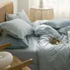 Conjunto de Quatro Peças Liso Colorido 100% Algodão Algodão Lavado Estilo Nórdico Dormitório Estudantil Roupa de Cama 100% Algodão Capa de Edredom Lençol com Elástico