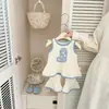 Conjunto de Dos Piezas Estilo Coreano de Angelito para Niñas, Chaleco y Pantalones Acampanados Transpirables Amigables con la Piel para Verano, Atuendo Lindo para Salir