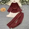 Conjunto de tricô estilo preguiçoso com amarração na cintura e calça pantalona para mulheres, outono, emagrecedor, conjunto de duas peças solto e casual para o trabalho