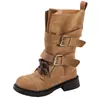 Populares botas retro de media pantorrilla con hebilla para mujer, botas de motociclista con cordones, nuevas botas Martin de otoño e invierno, botas de cowboy occidentales con suela gruesa