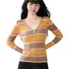 Jersey de Punto con Rayas de Color Contrastante, Cuello en V, Falso Dos Piezas, Manga Larga para Mujer 2025 Principios de Otoño, Ajustado, Base, Naranja, Talla Única