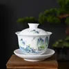 Porcelana Blanca con un Brillo Similar al Jade, Se Puede Colgar y Girar, Juego de Tazón con Tapa de Tres Piezas, Juego de Té Cerámico de Alta Gama Anti-Quemaduras, Tazón de Té, Taza de Té Individual
