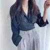 Camisa corta de primavera y otoño chic coreana con diseño retro rejuvenecedor, elegante, ceñida a la cintura, adelgazante, de corbata frontal, de un solo botón