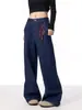 Jeans Reta Estilo Retrô Americano com Design de Cordão para Mulheres, Calça Reta Versátil Lavada Cleanfit para Outono