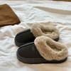 Nuevas Pantuflas de Piel Cálidas de Gama Alta para Otoño e Invierno 2025 para Mujer para Usar Afuera, Pantuflas de Algodón Impermeables de Cuero con Suela Gruesa y Forro de Felpa, sin Cordones