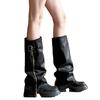 Botas Longas de Couro Macio com Solado Grosso para Mulheres Outono e Inverno 2024 Botas Slouch Emagrecedoras para Baixinhas Aumentadoras de Altura Botas de Equitação Botas Pretas Acima do Joelho