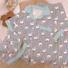 Novedad primavera y verano rayas de contraste nubes de ganso blanco algodón pijama mujer verano manga corta tres piezas ropa de casa disparo real venta al por mayor