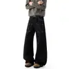 Jeans anchos de moda, estilo high-street, mezclilla negra, pantalones largos casuales para hombre estilo americano, acabado lavado, con bolsillos, ligeramente acampanados, diseño de otoño