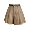 Shorts casuales de pana color caqui con pliegues y pierna ancha para mujer, nuevos para otoño/invierno 2025, de cintura alta, petite, para exteriores, tipo bermuda