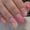 Uñas postizas transfronterizas de 24 piezas en color dopamina con manicura francesa floral, delicadas y favorecedoras, puntas de uñas de estilo suave