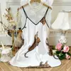 Conjunto de Pijama Estampa de Leopardo Robe Shorts Calça Longa Seda de Simulação Moda Feminina Roupa de Casa Pijamas Em Estoque Atacado