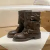 Botas curtas retrô para mulheres, novo estilo outono 2026, botas de cano médio com saltos grossos, emagrecedoras e versáteis, botas de cavaleiro da moda