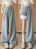Calça de Moletom Plissada Cinza Claro Estilo Coreano Feminina Outono 2026 Nova Cintura Alta Emagrecedora Petite Solta Preguiçosa Perna Larga