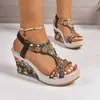 Nuevas sandalias de cuña de boca de pez estilo bohemio de verano, moda europea y americana, sandalias sin cordones para mujer de talla grande