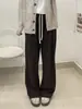 Pantalones de pierna ancha color café talla grande 150 kg para mujer, otoño e invierno, cintura alta, fluidos, holgados, espiga, forro polar, gruesos, pierna recta