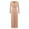 Elegante vestido de manga larga estilo francés para mujer, con escote en V, cintura fruncida y falda larga línea A fluida, madura y sofisticada, corte ajustado.