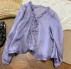 Camisa de Encaje Tencel Ramio Estilo Retro Francés con Volantes Cuello en V Camisa de Corbata para Mujer Versátil Color Sólido Cardigan Protector Solar