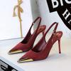 373-32 Zapatos de metal puntiagudos de tacón alto estilo europeo y americano con tacones finos, tacones superaltos, boca escotada, tira trasera vacía, zapatos de banquete para mujer