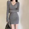 Vestido Bodycon de Tricô Preto Super Estiloso, Manga Longa, Slim Fit, Decote V para Mulheres, Novo Modelo Outono 2025