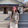 Camiseta de Manga Corta con Cuello Redondo y Rayas de Bloques de Color Retro para Mujer Verano 2026 Nueva Versátil Ajustada Hombro Normal Top de Estudiante Moderno