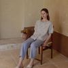 Conjunto de Loungewear de Verão em Gaze de Algodão com Estampa Floral Color-Blocked, Solto e Confortável, Manga Curta e Calça Longa