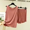 Chaleco de Modal con Cuello Redondo para Mujer Verano Delgado Conjunto de Dos Piezas con Borde de Oreja talla grande Traje de Shorts Adelgazantes Casual Hogar