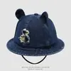 Chapéu de Pescador Vintage de Jeans Escuro para Crianças com Orelhas de Urso 3D e Furos, com Tira à Prova de Vento para Meninos e Meninas