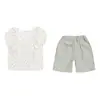 Conjunto para Meninas 2026 Novo Estiloso Conjunto de Roupas Finas Estilo Coreano para Crianças, Conjunto de Duas Peças com Blusa de Manga Curta e Calça de Cinco Pontas