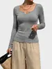 Camiseta Popular Transfronteriza de Cuello en V y Manga Larga para Mujer, Estilo de Venta Caliente con Protección Solar para Verano, Corte Ajustado, Adelgazante, Camiseta Base de Color Sólido para Ropa de Abrigo, Moderna