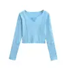 Estilo Otoño e Invierno Chica Picante Top Corto Ajustado, Color Sólido, Hombro Normal, Ribete de Encaje, Diseño Dividido, Camiseta Básica Ajustada, Camiseta de Manga Larga