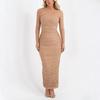 Moda Transfronteriza Europea y Americana Elegante Sexy Sexy Lv Vestido Largo de Color Sólido Plisado Ajustado al Cuerpo para Mujer
