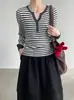 Camisa Básica Tricotada Taochuan Gola V Botões Listrada Feminina Slim Versátil Manga Longa Yl260