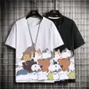 Camiseta de Manga Corta de Algodón Puro con Gato de Dibujos Animados para Hombre Verano Fina 2021 Nueva Versátil Holgada de Marca de Moda Camiseta de Media Manga