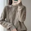 Suéter da moda 100% lã, novo estilo, gola redonda, trançado de 7 pontos, espessado, que rejuvenesce, cor sólida, manga caída, blusa básica para mulheres