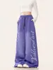 Pantalones de chándal unisex estilo americano, lavados en la calle, con estampado de letras y cordón, para primavera, otoño e invierno, corte holgado, high-street, pierna ancha, casual