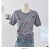 Suéter Feminino de Verão Novo com Gola Redonda, Manga Curta, Laço Doce e Fofo, Slim Fit, Redutor de Idade
