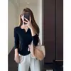 Solo cómpralo sin pensarlo~ Cuello Henley a la moda, estilo casual, adelgazante, con media botonadura, camiseta versátil de manga larga para mujer, nueva para otoño e invierno
