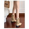 Botas Femininas de Bico Fino Plissadas Estilo Novo 2026, Botas Country Western Vintage, Botas Curtas Cano Médio com Corte em V