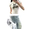 Camiseta de Manga Corta Ajustada con Estampado de Cerezas Camuflaje de Nicho Dulce y Fresca Estilo Americano para Mujer, Moda Ins de Verano