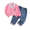 Conjunto bordado de dos piezas de punto gofrado para niña de comercio exterior con pantalones vaqueros, conjunto de dos piezas, suministro directo de fábrica, venta al por mayor