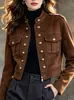 Chaqueta corta de gamuza estilo Maillard transfronteriza para mujer, cuello alto, bolsillo con hebilla metálica, sentido del diseño, retro, corte ajustado, chaqueta de motocicleta