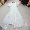 Nanyou Vestido Largo Retro Europeo y Americano de Mangas Abullonadas Plisado con Dobladillo Irregular Cuello Redondo Verde Blanco