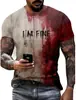Novo Estilo Europeu e Americano 2024 EU ESTOU BEM Sangrento Halloween Tendência de Rua Periférico Moda 3D Masculino Gola Redonda Manga Curta